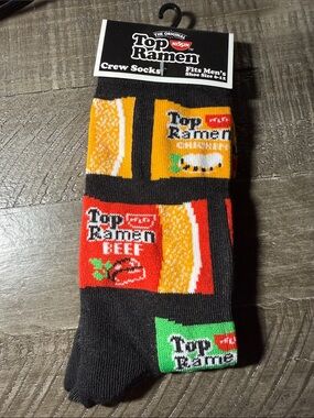 Top Ramen Men's Crew Socks - Black with Red, Yellow & Green Ramen Pack Design